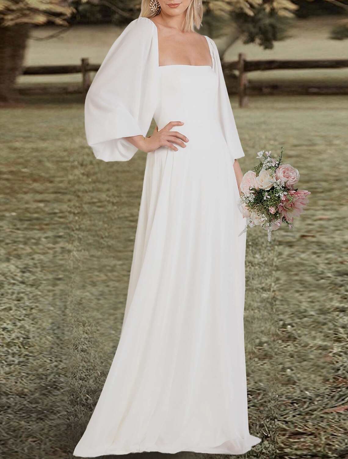 Wholesale Engagement Open Back Wedding Dresses A-Line Square Neck Long Sleeve Sweep / Brush Train Chiffon Bridal Gowns With Solid Color
